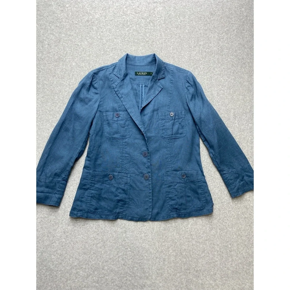 Lauren Ralph Lauren Blazer Womens 6P Blue 100%‎ Linen Utility Safari Jacket